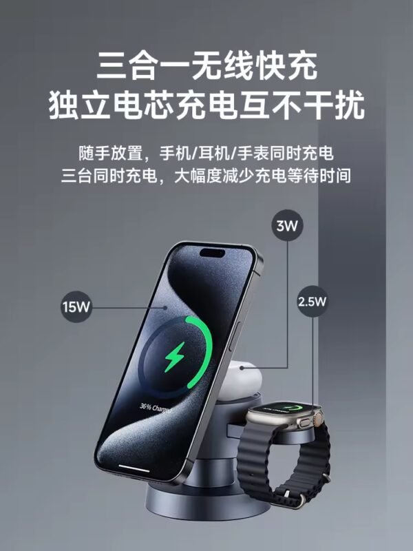 Three-in-One Wireless Charger Night Light Magnetic Absorption iPhone 14 15 Charging Base Apple Watch S9 Stand AirPods Desktop