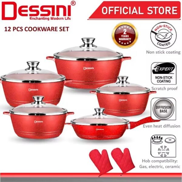 DESSINI ITALY Granite Aluminium Non Stick Casserole Pot Bowl Deep Fry Pan Cookware Tool (12 Pcs)