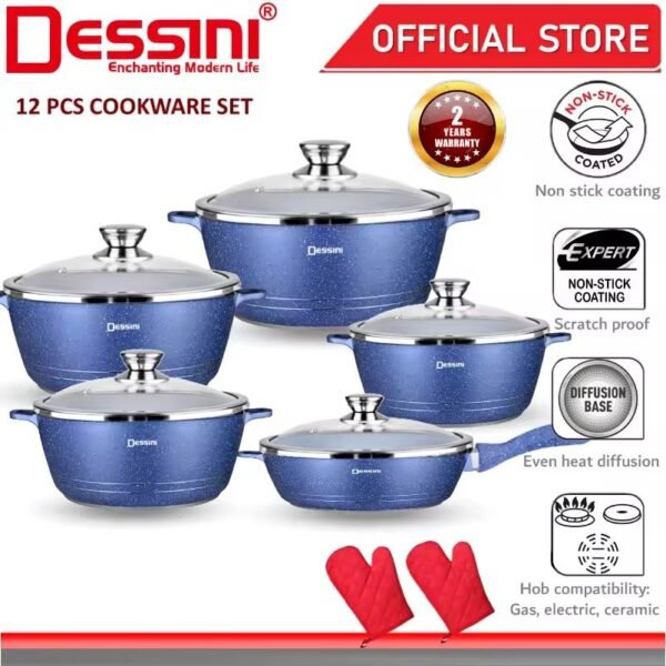 DESSINI ITALY Granite Aluminium Non Stick Casserole Pot Bowl Deep Fry Pan Cookware Tool (12 Pcs)
