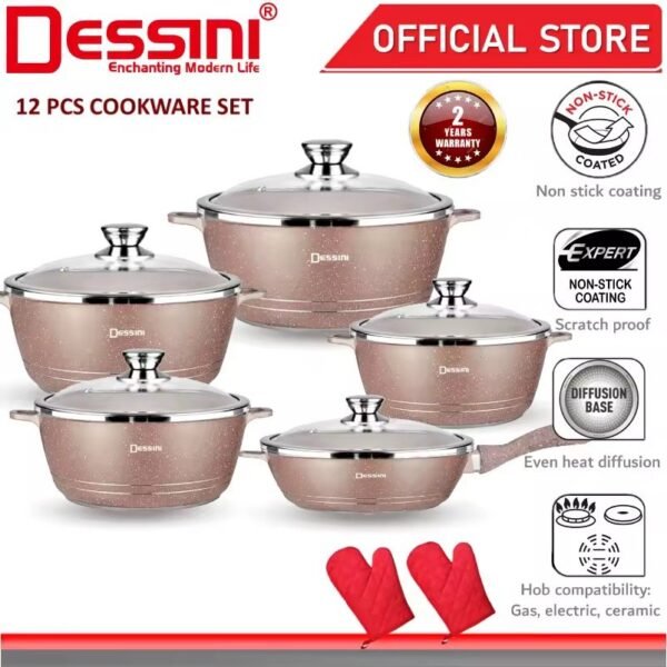 DESSINI ITALY Granite Aluminium Non Stick Casserole Pot Bowl Deep Fry Pan Cookware Tool (12 Pcs)