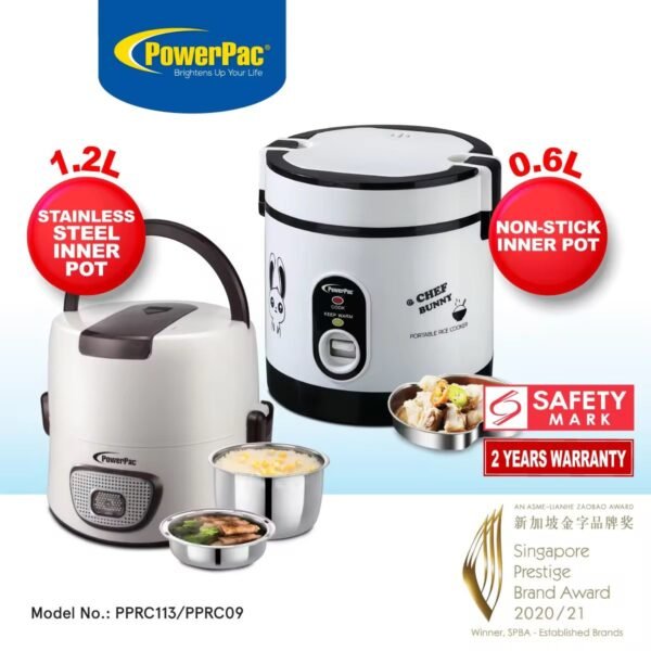 PowerPac Mini Rice Cooker, Electirc Lunch Box 0.6L/1.2L (PPRC09/PPRC113)